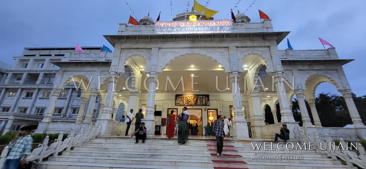 ISKCON temple, Ujjain, at dusk